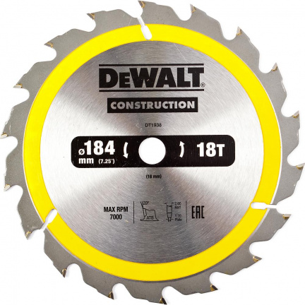 Диск пильный по дереву DeWalt CONSTRUCTION DT1938 184х16мм 18T