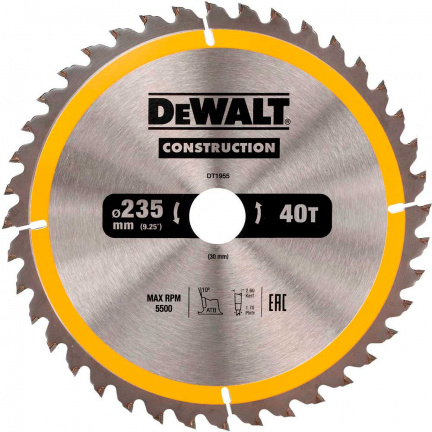 Диск пильный по дереву DeWalt CONSTRUCTION DT1955 235х30мм 40T